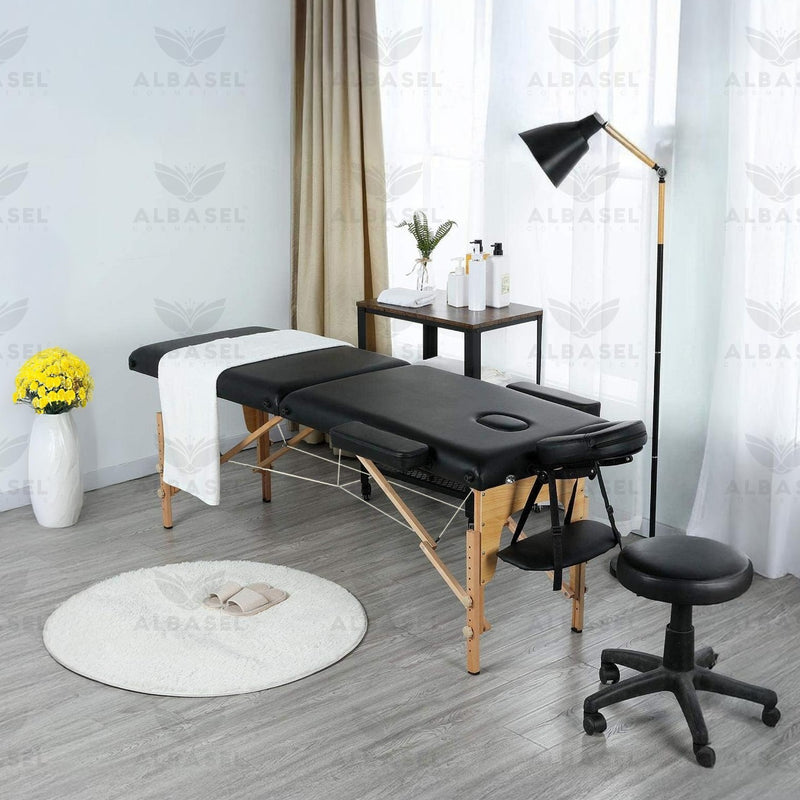 Black Foldable Massage Table Bed with Wooden Frame for Professional Use - al basel cosmetics