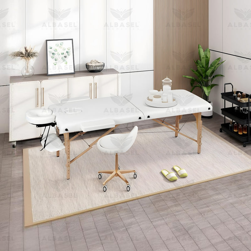 White Foldable Massage Table Bed with Wooden Frame for Professional Use - al basel cosmetics