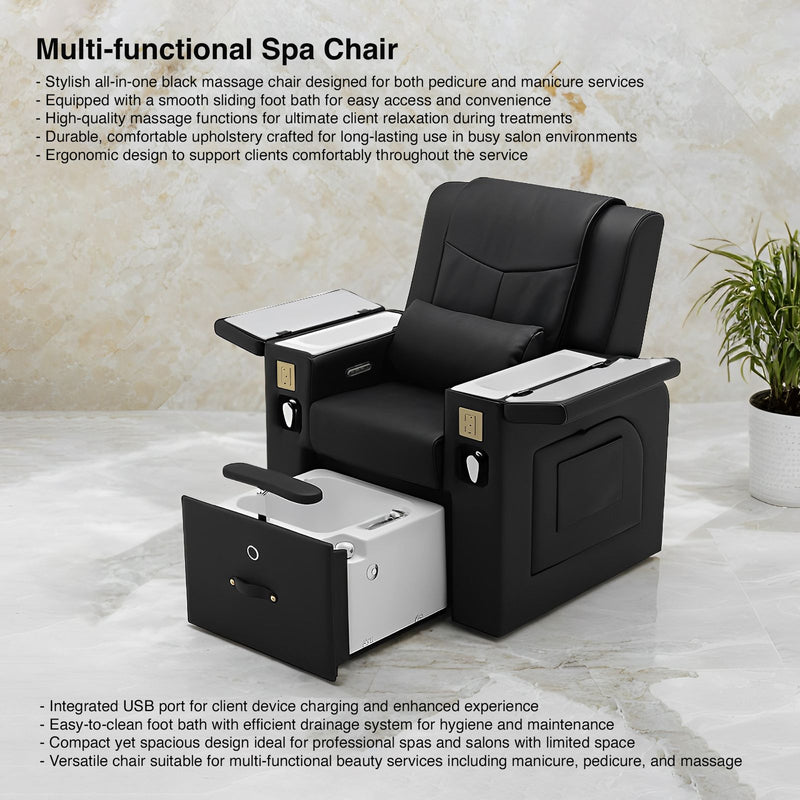 All-in-One Black Massage Chair for Pedicure & Manicure with Sliding Foot Bath – Premium Spa & Salon Solution