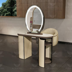 Beige Color Salon Spa Double Sided Mirror Station with Storage Shelves - salon mirror - mirror with shelves - al basel cosmetics 