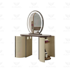 Beige Color Salon Spa Double Sided Mirror Station with Storage Shelves - salon mirror - mirror with shelves - al basel cosmetics 