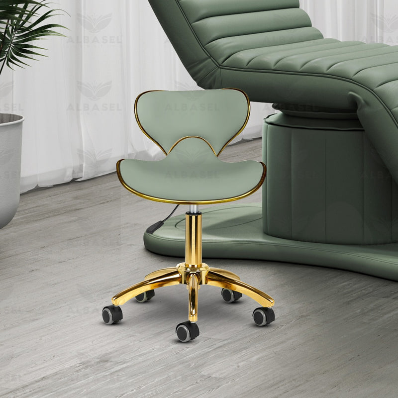 Green & Gold Salon Spa Stool with swivel - salon stool - al basel cosmetics green furniture - green salon furniture 