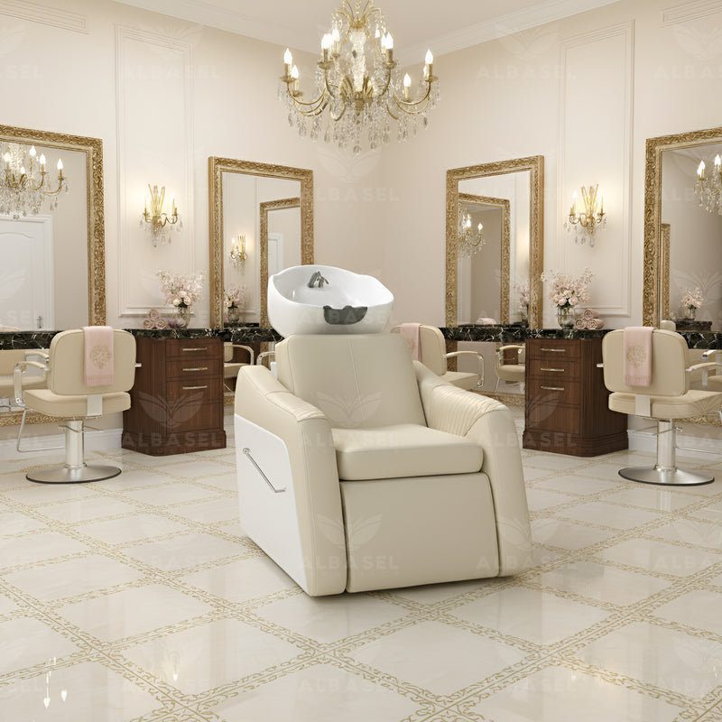Luxury Cream & White Salon Spa Hair Washing Shampoo Chair - Shampoo chair in UAE - Al Basel Cosmetics - Cream salon furniture in UAE