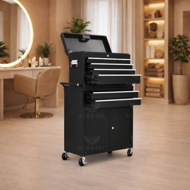 Storage Trolley with Lock 24 Inch 8 Drawer – Professional Salon & Spa Tool Organizer (Black) - beauty clinic trolley with drawers - spa equipment storage cart - lockable salon trolley - professional salon equipment - Al Basel Cosmetics - UAE