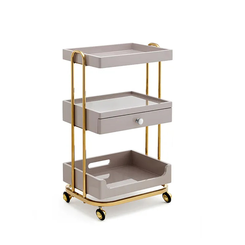 Luxury 3-Tier Salon Trolley in Pigeon Grey & Golden Frame with Drawer and Wheels – Multi-Purpose trolley - Salon trolley Saudi Arabia - make up trolley Oman - Al Basel Cosmetics - UAE