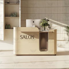 Luxury Beige Reception Desk with Signature SALON Letters - Reception desk Saudi Arabia - Salon reception desk Qatar - Salon furniture Bahrain - Al Basel Cosmetics - UAE