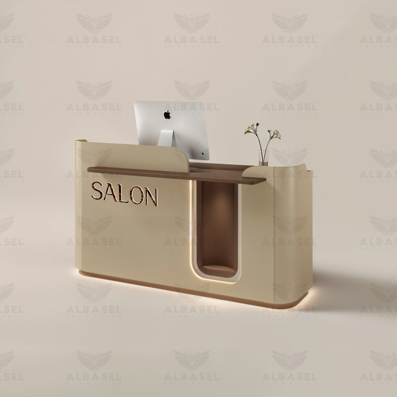 Luxury Beige Reception Desk with Signature SALON Letters - Reception desk Saudi Arabia - Salon reception desk Qatar - Salon furniture Bahrain - Al Basel Cosmetics - UAE