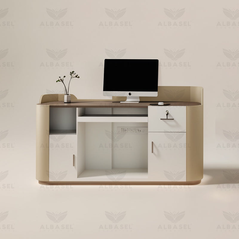 Luxury Beige Reception Desk with Signature SALON Letters - Reception desk Saudi Arabia - Salon reception desk Qatar - Salon furniture Bahrain - Al Basel Cosmetics - UAE