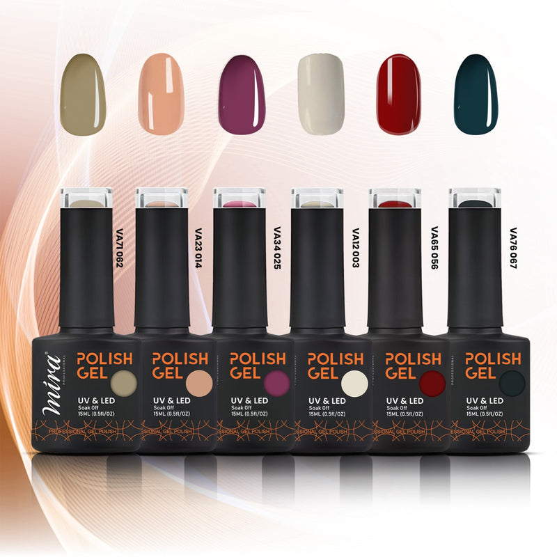 Mira Gel Nail Polish (6 Pcs) Set with Portable UV Light Nail Dryer, Base & Top Coat - gel nail polish - nail care - portable nail dryer - nail care - nail art - top coat - base coat - Al Basel Cosmetics - UAE - gel nail polish different shades - offer pack - uv nail dryer - gel nail polish set