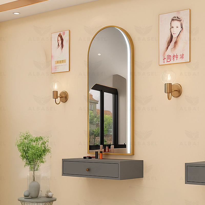 Premium Wall-Mounted Salon Mirror in Golden Finish with Built-In LED Light - Salon mirror - Al Basel - UAE - Salon mirror KSA - Salon mirror Oman