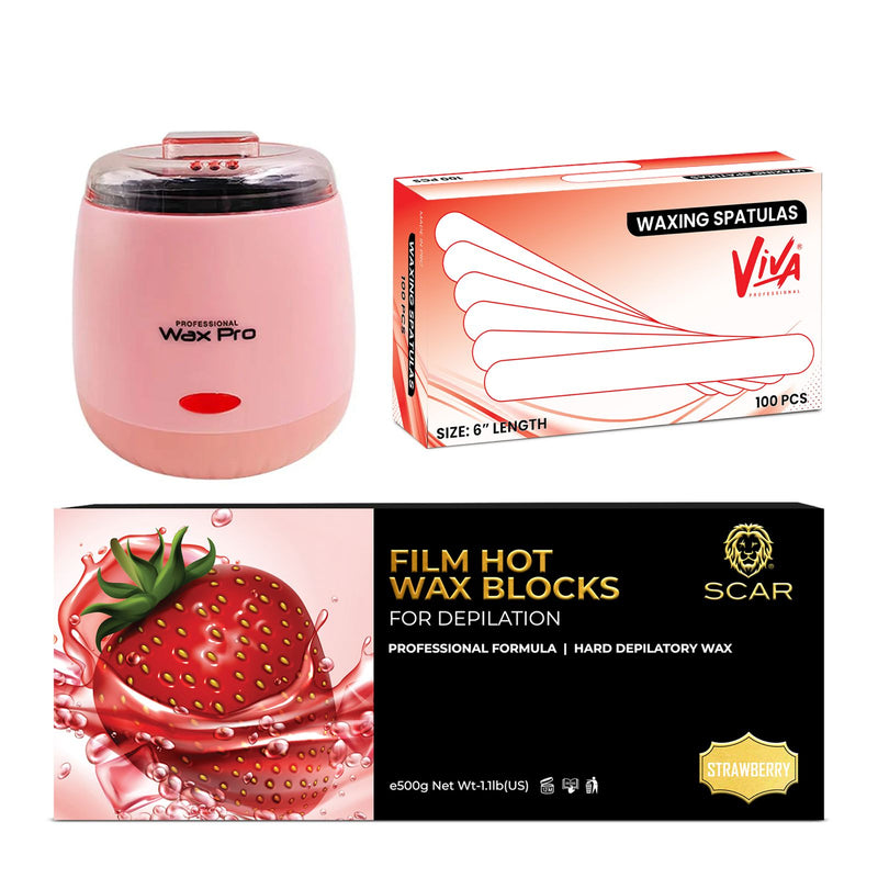 Professional Hair Removal Kit – Pink Wax Heater with Strawberry Wax Block & Spatulas - waxing kit - wax warmer - wax heater - Al Basel cosmetics - UAE