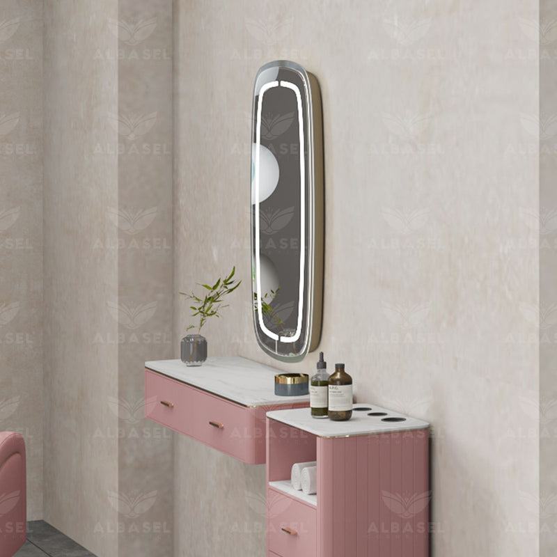 Single Sided Wall Mounted Mirror Station Pink - salon mirror - salon furniture - pink furniture series - al basel cosmetics