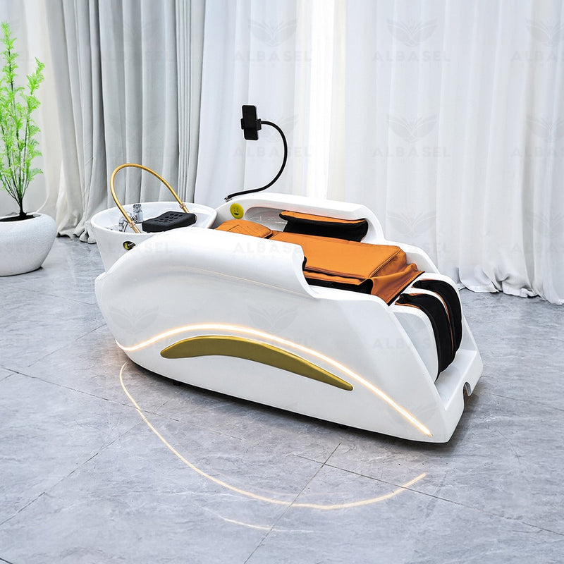 White Electric Shampoo Massage Bed with Water Circulation – Custom Leather Options for Salons & Spas - Al Basel Cosmetics - Hair washing bed Saudi Arabia - Salon Hair Washing Chair Oman - UAE