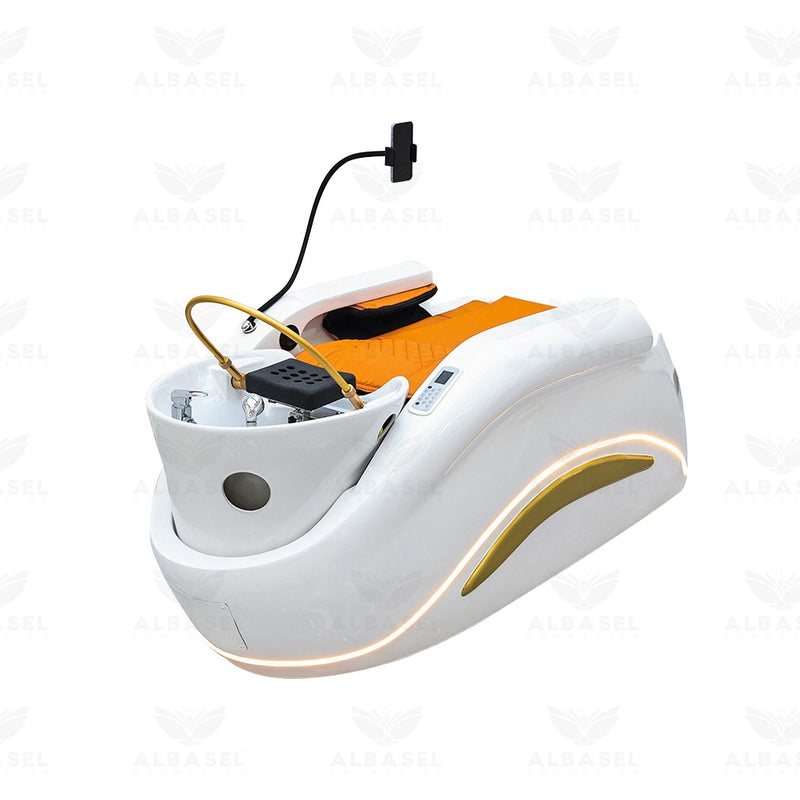 White Electric Shampoo Massage Bed with Water Circulation – Custom Leather Options for Salons & Spas - Al Basel Cosmetics - Hair washing bed Saudi Arabia - Salon Hair Washing Chair Oman - UAE