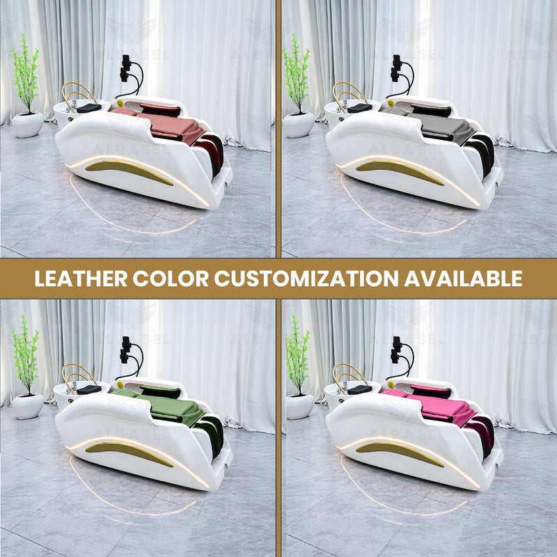 White Electric Shampoo Massage Bed with Water Circulation – Custom Leather Options for Salons & Spas - Al Basel Cosmetics - Hair washing bed Saudi Arabia - Salon Hair Washing Chair Oman - UAE