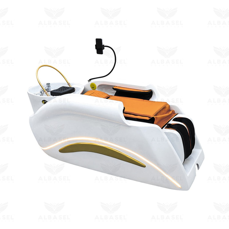 White Electric Shampoo Massage Bed with Water Circulation – Custom Leather Options for Salons & Spas - Al Basel Cosmetics - Hair washing bed Saudi Arabia - Salon Hair Washing Chair Oman - UAE