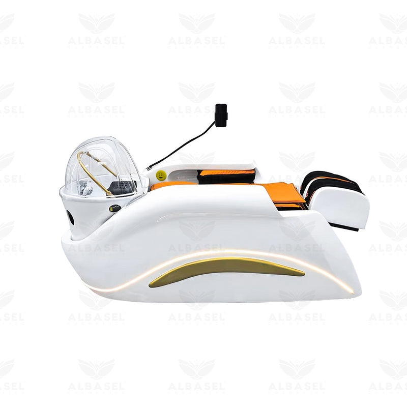 White Electric Shampoo Massage Bed with Water Circulation – Custom Leather Options for Salons & Spas - Al Basel Cosmetics - Hair washing bed Saudi Arabia - Salon Hair Washing Chair Oman - UAE