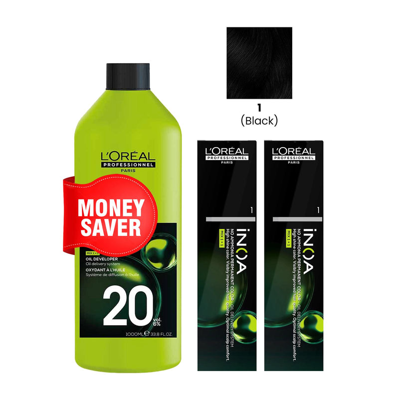 iNOA Hair Color 1 Black 2 Pcs with Oxidant Cream Developer 20 Volume 1000ml Loreal Professional Package- inoa hair color- inoa activator- offer pack- loreal- hair styling- hair color- al basel- UAE