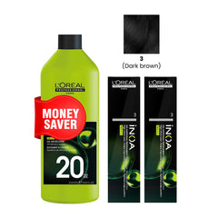 iNOA Hair Color 3 Dark Brown 2 Pcs with Oxidant Cream Developer 20 Volume 1000ml Loreal Professional Package- inoa hair color- offer package- inoa- hair color- inoa activatr- loreal -al basel- Dubai