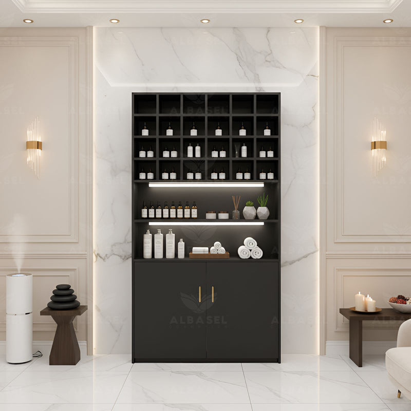 Wooden Storage Wardrobe Cabinet Black for Salon Spa - Display stand for salon in UAE - Display stand with storage space - Al Basel Cosmetics - UAE