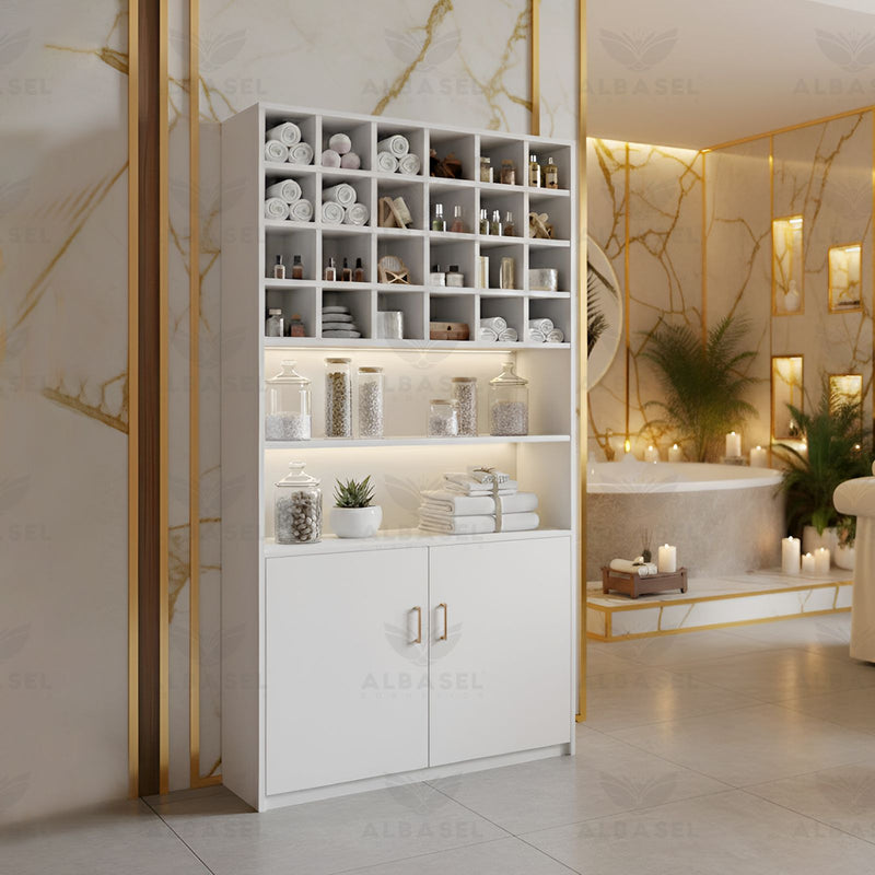 Wooden Storage Wardrobe Cabinet White for Salon Spa - Spa product display stand - Product display stand - Al Basel Cosmetics - UAE