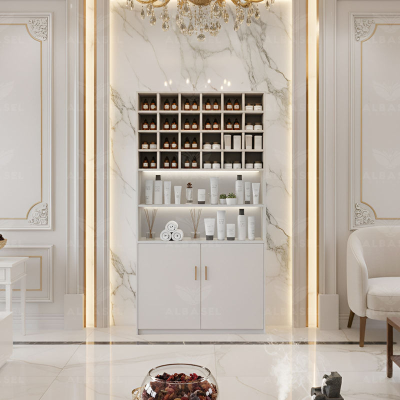 Wooden Storage Wardrobe Cabinet White for Salon Spa - Salon display stand - Salon furniture in UAE - Al Basel Cosmetics - UAE