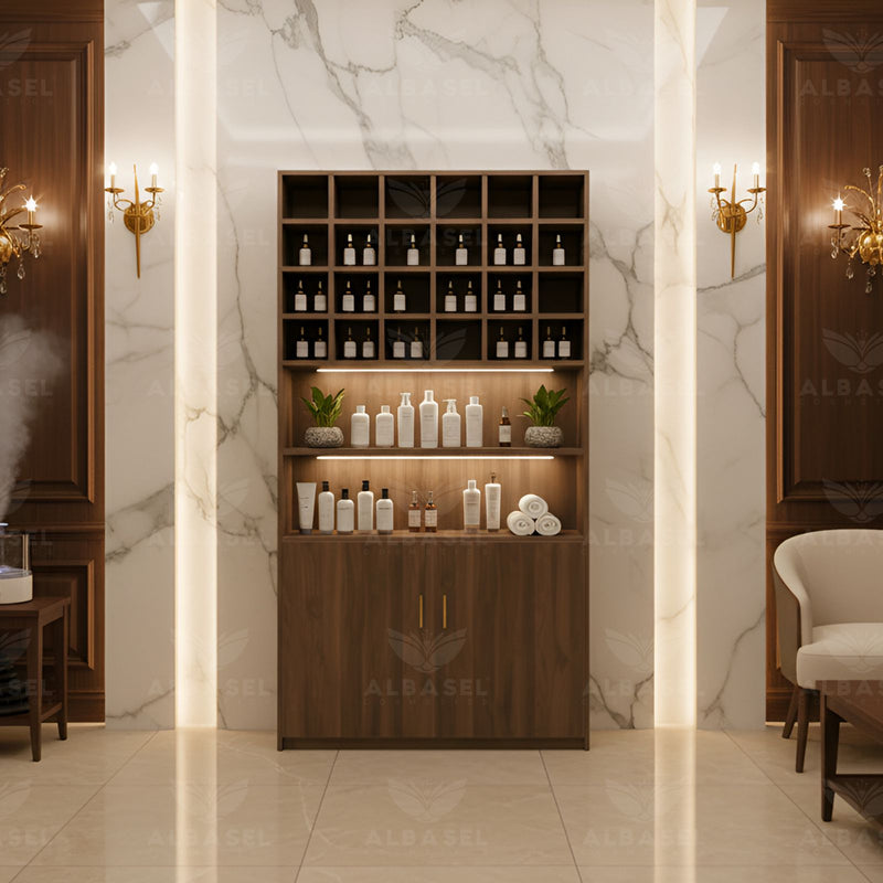 Wooden Storage Wardrobe Cabinet Brown for Salon Spa - Product organizer for Spa - Display stand with storage space - Al Basel Cosmetics - UAE