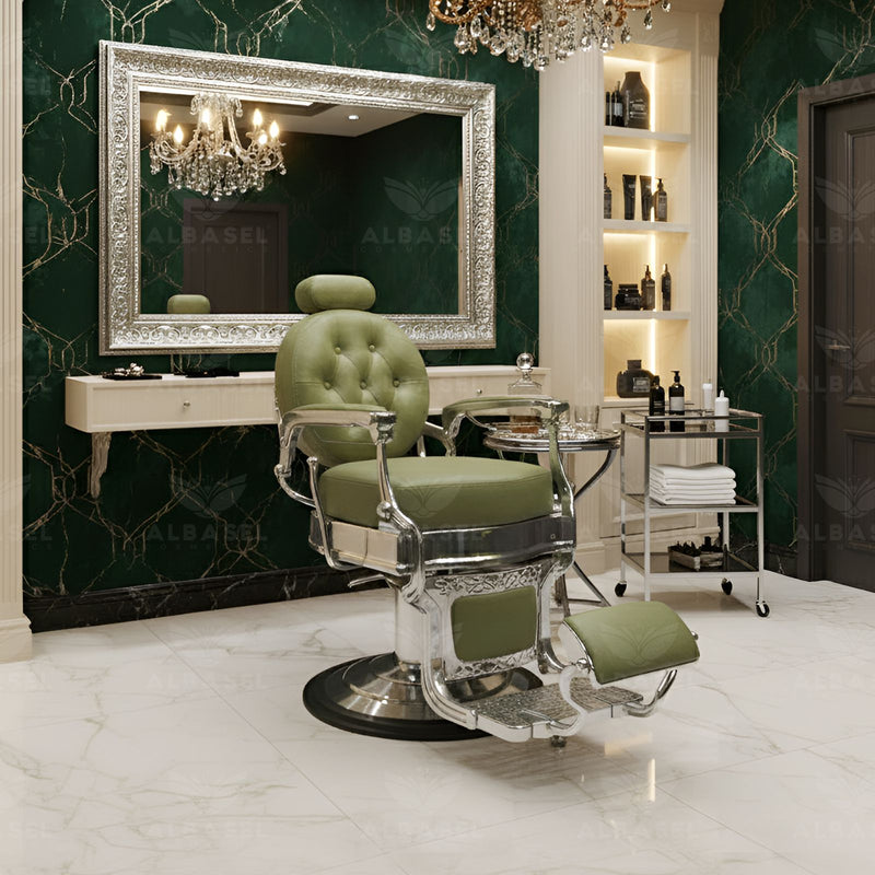 Green Silver Salon Professional Barber Gents Cutting Chair - Luxury salon furniture Qatar - Gents salon furniture Saudi Arabia - Al Basel Cosmetics - UAE