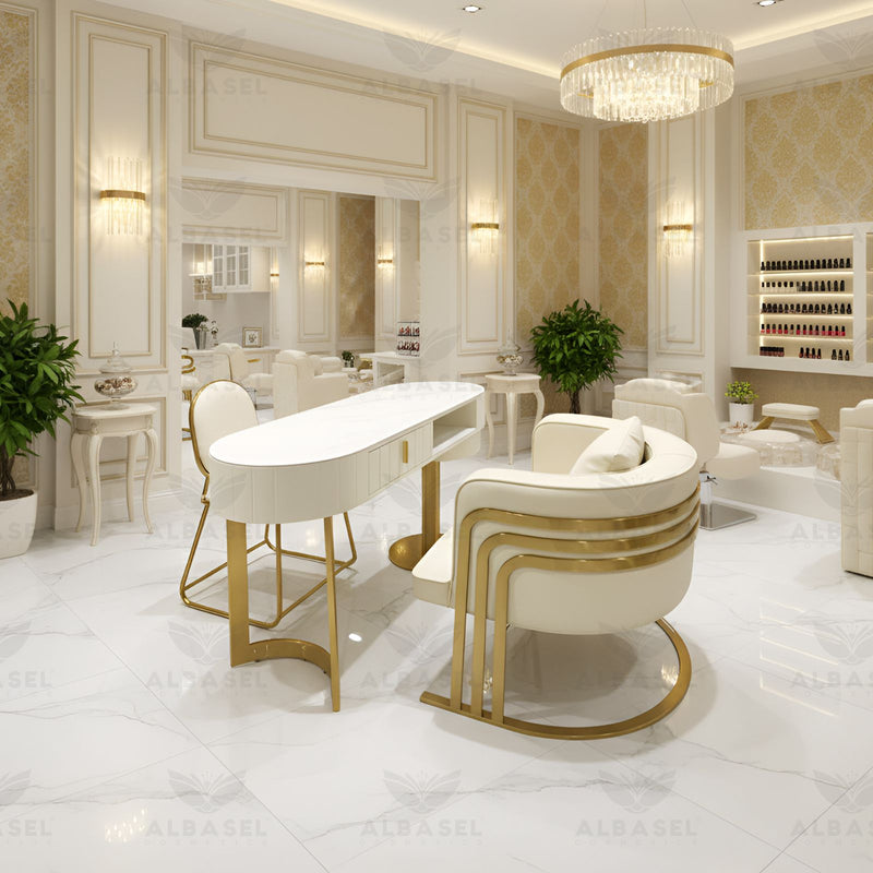 Cream Manicure Table for Nail Art with 2 single chair - Ladies nail salon manicure table - Manicure table with chairs in Saudi Arabia - Al Basel Cosmetics - UAE