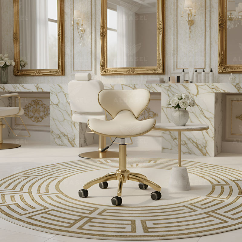 Cream & Gold Salon Spa Stool with swivel - Salon stool - Ladies salon stool - Al Basel Cosmetics - UAE