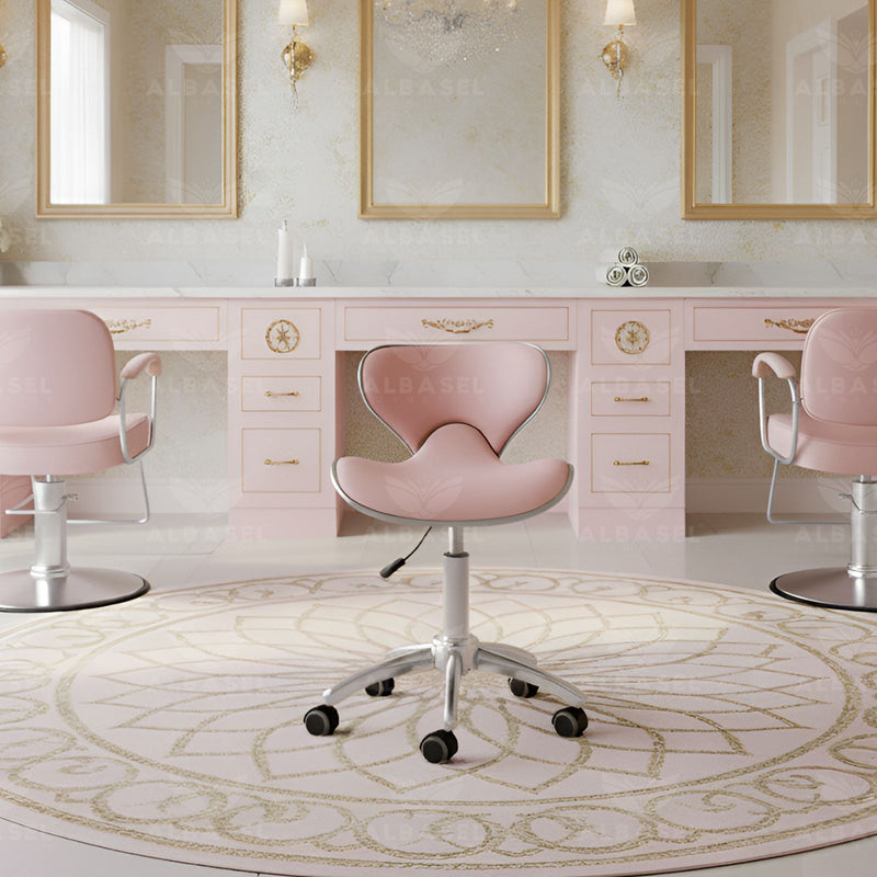 Pink & Silver Salon Spa Stool with swivel - Salon swivel stool - Stool with silver base - Al Basel Cosmetics - UAE