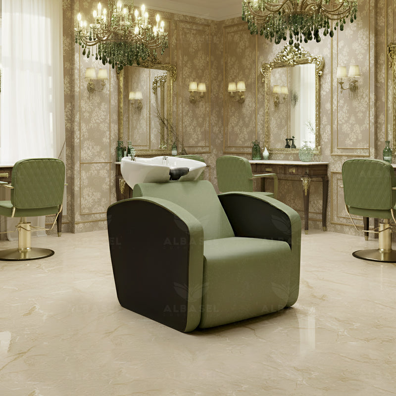 Green Salon Spa Professional Hair Washing Shampoo Chair - hair washing chair - Green furniture for Salon - Al Basel Cosmetics - UAE