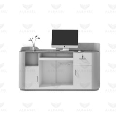 Professional grey salon reception desk with LED SALON lettering – Al Basel Cosmetics - Salon reception desk grey - professional salon counter UAE - LED salon desk - Al Basel salon furniture - beauty salon front desk - Salon reception desk Qatar