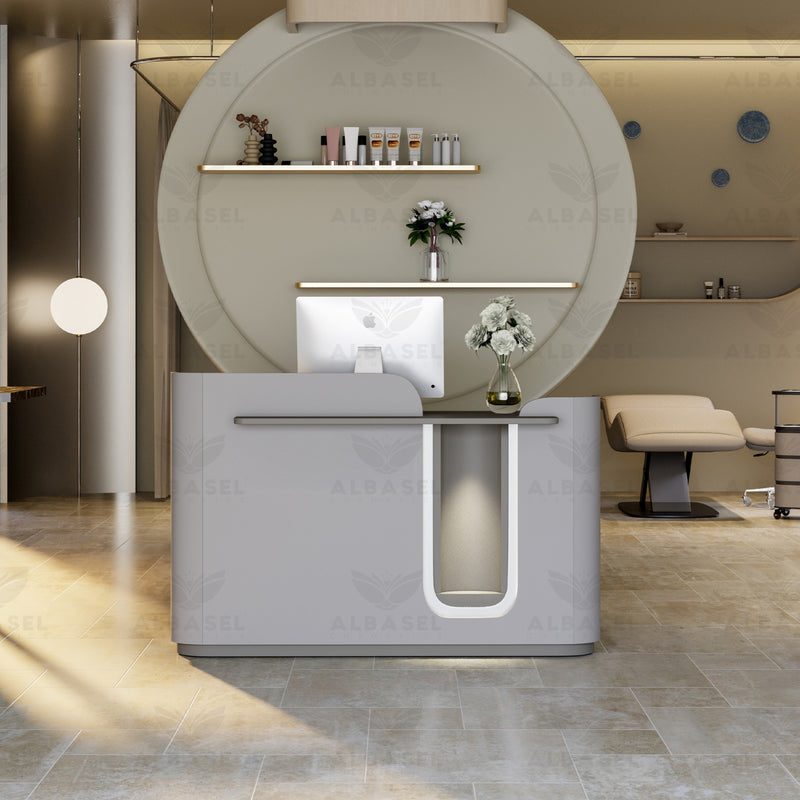 Professional Grey Salon Reception Desk with LED | Front Counter Desk - Al Basel Cosmetics - Salon reception desk in Dubai - Office counter in Saudi Arabia
