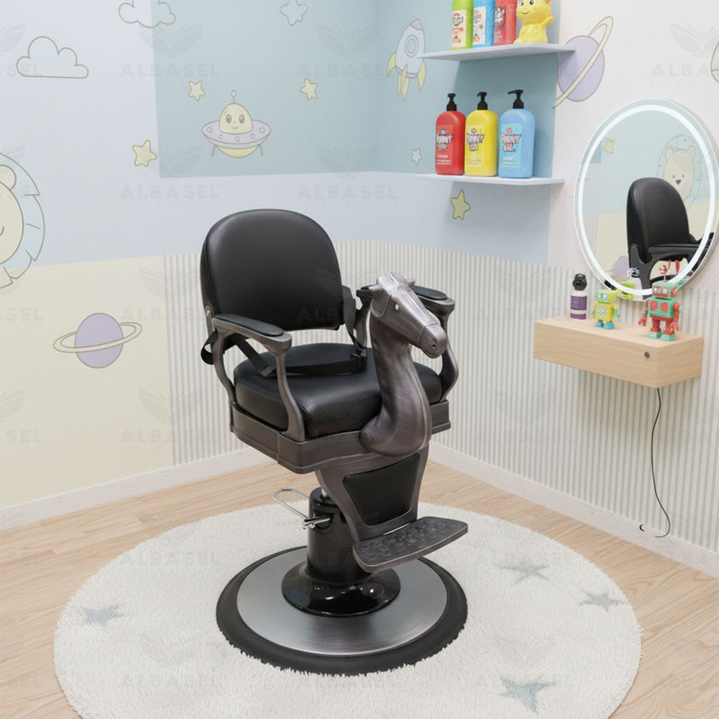 Black Horse Barber Chair for Kids with Adjustable Hydraulic Lift - Al Basel Cosmetics - Kids barber chair - UAE