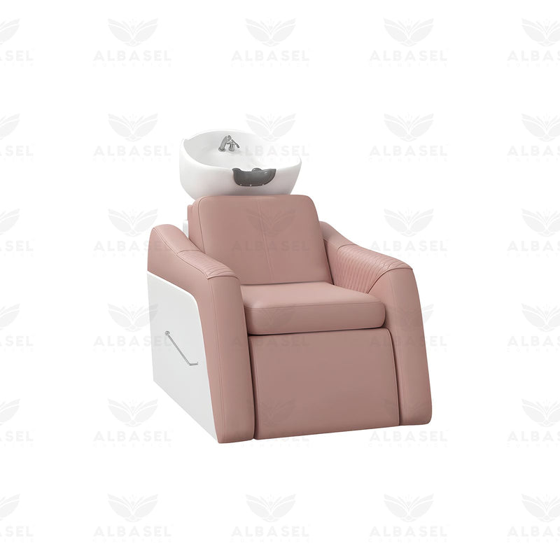 Professional Pink Salon Hair Washing Chair with Ceramic Basin | Shampoo Station – Al Basel Cosmetics - salon hair washing chair - shampoo chair with basin - pink salon shampoo unit - professional salon furniture
