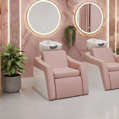 Professional Pink Salon Hair Washing Chair with Ceramic Basin | Shampoo Station – Al Basel Cosmetics - salon hair washing chair - shampoo chair with basin - pink salon shampoo unit - professional salon furniture
