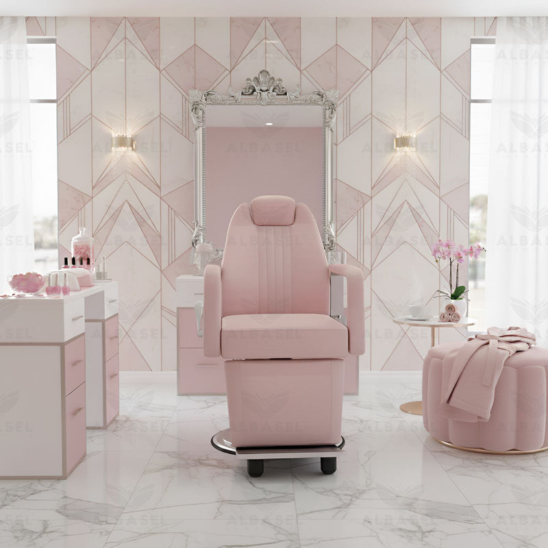 Professional pink makeup and styling chair with ergonomic backrest and padded armrests for salon and studio use - Al Basel Cosmetics - Salon furniture for ladies - Ladies styling chair in pink - makeup chair for pink salon - UAE