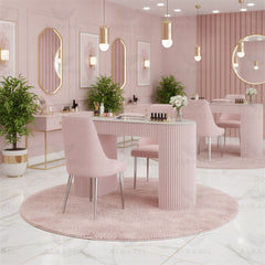 Professional Pink Manicure Table with Customer & Technician Chairs – Al Basel Cosmetics - Professional pink manicure table with padded customer and technician chairs for nail salon and studio use - Ladies nail studio furniture - Ladies salon furniture in UAE - UAE