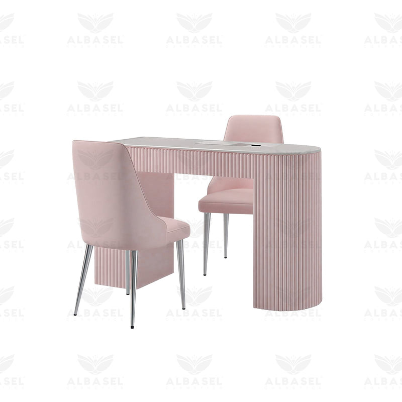 Professional Pink Manicure Table with Customer & Technician Chairs – Al Basel Cosmetics - Professional pink manicure table with padded customer and technician chairs for nail salon and studio use - Ladies nail studio furniture - Ladies salon furniture in UAE - UAE