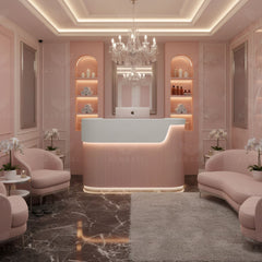 Professional Pink Salon Reception Desk with LED Light & Storage - Pink salon furniture in UAE - salon reception furniture - Professional salon counter furniture in UAE - Al basel cosmetics