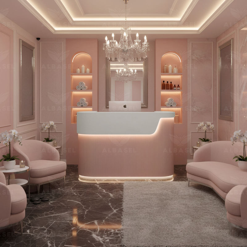 Professional Pink Salon Reception Desk with LED Light & Storage - Pink salon furniture in UAE - salon reception furniture - Professional salon counter furniture in UAE - Al basel cosmetics