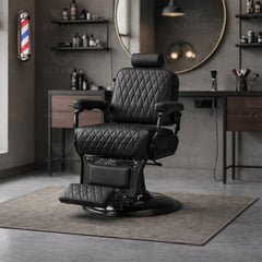 professional reclining barber chair with quilted black upholstery, hydraulic base and adjustable headrest – UAE salon equipment - Al Basel Cosmetics