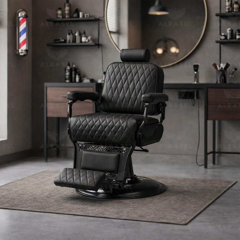 professional reclining barber chair with quilted black upholstery, hydraulic base and adjustable headrest – UAE salon equipment - Al Basel Cosmetics