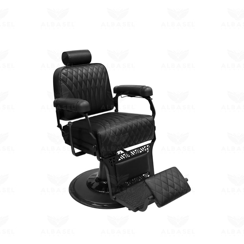professional reclining barber chair with quilted black upholstery, hydraulic base and adjustable headrest – UAE salon equipment - Al Basel Cosmetics