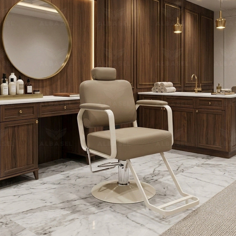 Khaki Brown Reclining Salon Styling Chair with Cream Base - Facial chair - Ladies salon treatment chair - Ladies salon furniture in UAE - Threading chair for salon - Al Basel Cosmetics - UAE