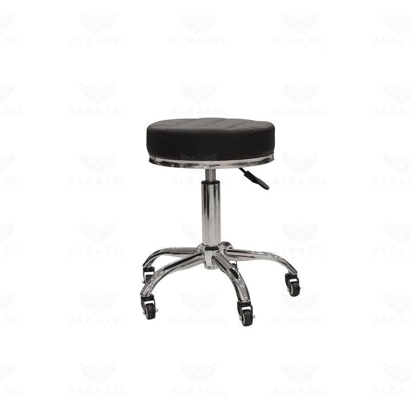 Adjustable salon technician stool with black cushion and rolling wheels - spa technician stool - Al Basel Cosmetics - UAE