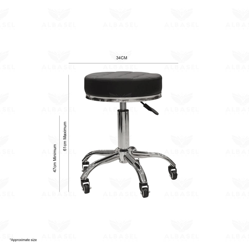 Adjustable salon technician stool with black cushion and rolling wheels - spa technician stool - Al Basel Cosmetics - UAE