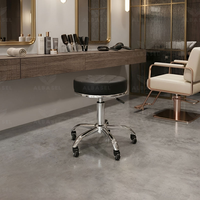 Adjustable salon technician stool with black cushion and rolling wheels - spa technician stool - Al Basel Cosmetics - UAE