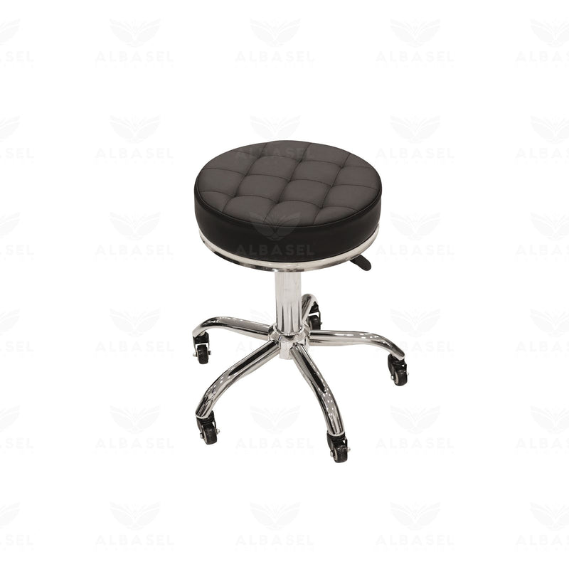 Adjustable salon technician stool with black cushion and rolling wheels - spa technician stool - Al Basel Cosmetics - UAE